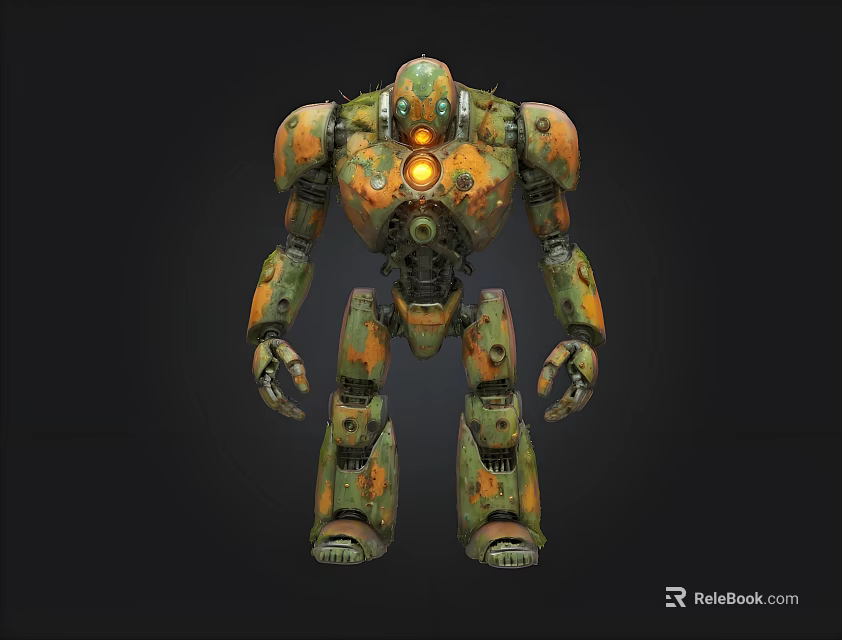 Orange And Green Mechanical Robot With Glowing Core And Rusty Texture Design 3d model