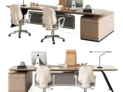Modern Office Desk With Ergonomic Chairs Computer Monitor Desk Lamp And Storage Cabinet 3d model