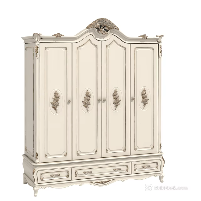 Elegant White Vintage Wardrobe With Ornate Carved Patterns And Drawer Storage Design 3d model 