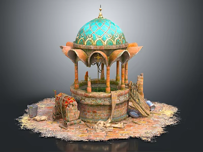 Cartoon Scene Featuring Green Dome Golden Decorations Stone Columns Stone Base Wooden Bucket and Ladder 3d model
