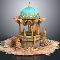 Cartoon Scene Featuring Green Dome Golden Decorations Stone Columns Stone Base Wooden Bucket and Ladder