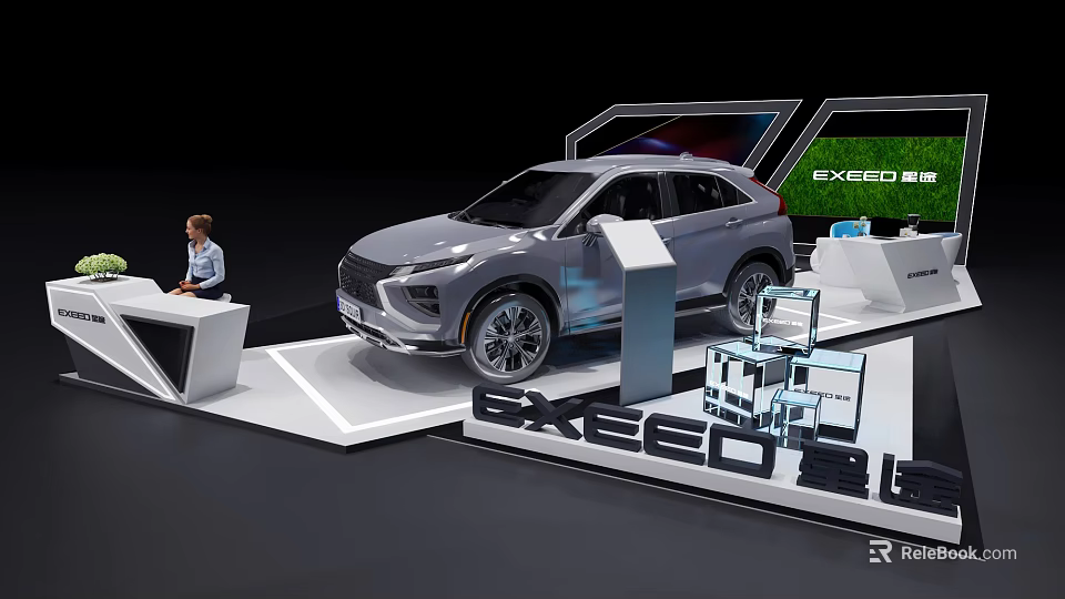 Stylish Modern Exhibition Stand Displaying EXEED Silver SUV With Sleek Design Elements 3d model 