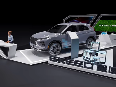 Stylish Modern Exhibition Stand Displaying EXEED Silver SUV With Sleek Design Elements 3d model