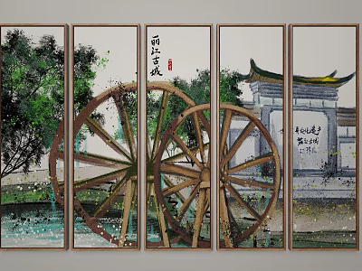 Traditional four panel painting of Lijiang Ancient Town with waterwheel ancient architecture trees and water 3d model