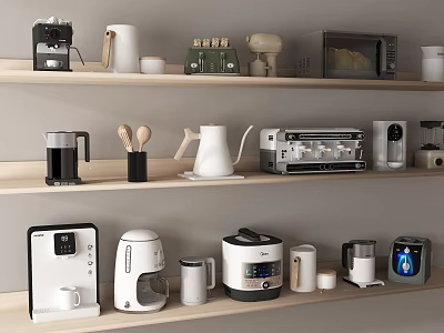 Organized Display Of Kitchen Appliances Utensils Mugs And Spoons On Wooden Shelves 3d model
