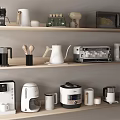 Organized Display Of Kitchen Appliances Utensils Mugs And Spoons On Wooden Shelves