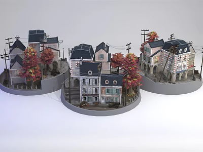 Miniature Model House Dioramas With Various Architectural Styles Red Autumn Trees And Utility Poles 3d model