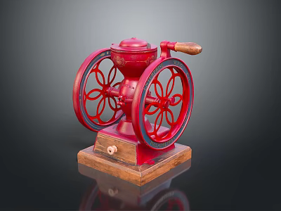 Red Vintage Kitchen Appliance With Wooden Base And Decorative Grinding Wheels 3d model