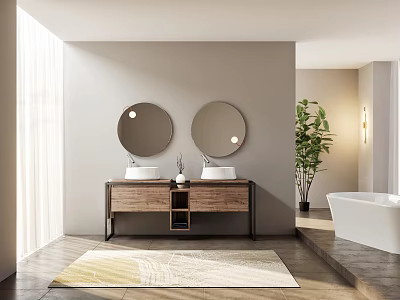 Modern Bathroom Interior With Two Round Mirrors Double Sinks Wooden Vanity Area Rug And Bathtub 3d model