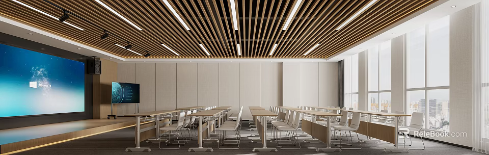Modern Conference Room Interior Design With Wooden Slat Ceiling Long Tables And Chairs 3d model 