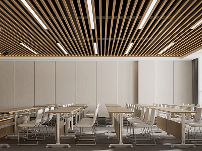 Modern Conference Room Interior Design With Wooden Slat Ceiling Long Tables And Chairs 3d model