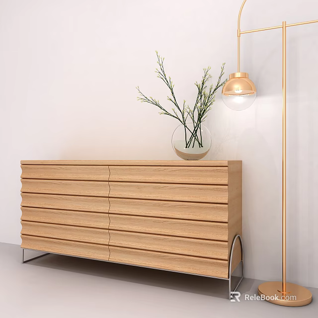 Modern Wooden Entryway Cabinet Sideboard With Light Wood Vase Green Plants And Gold Pendant Light 3d model 