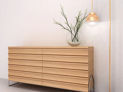 Modern Wooden Entryway Cabinet Sideboard With Light Wood Vase Green Plants And Gold Pendant Light 3d model