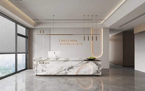 Modern company front desk background wall sofa reception area sofa chandelier 3d model