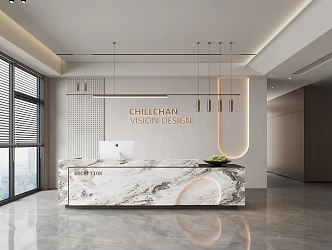 Modern company front desk background wall sofa reception area sofa chandelier 3d model