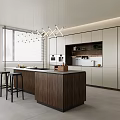 Modern Kitchen Interior Design With Walnut Island Counter Light Gray Cabinets And Geometric Pendant Lights