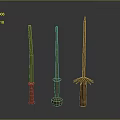 Three Ancient Wooden Weapons With Decorative Handles And Long Shafts