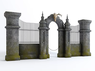 Classical Stone Entrance Gate with Iron Railings Arched Design and Decorative Pillars 3d model