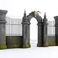 Classical Stone Entrance Gate with Iron Railings Arched Design and Decorative Pillars