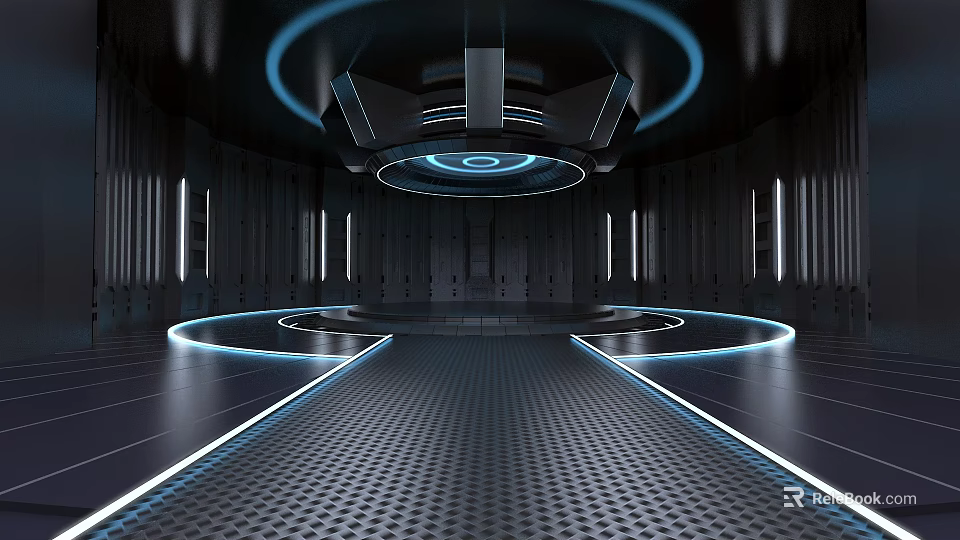 Futuristic Interior Design With Circular Ceiling Lighting Metallic Walls Grid Floor And Illuminated Lines 3d model 