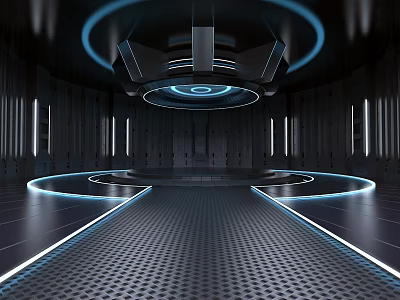 Futuristic Interior Design With Circular Ceiling Lighting Metallic Walls Grid Floor And Illuminated Lines 3d model