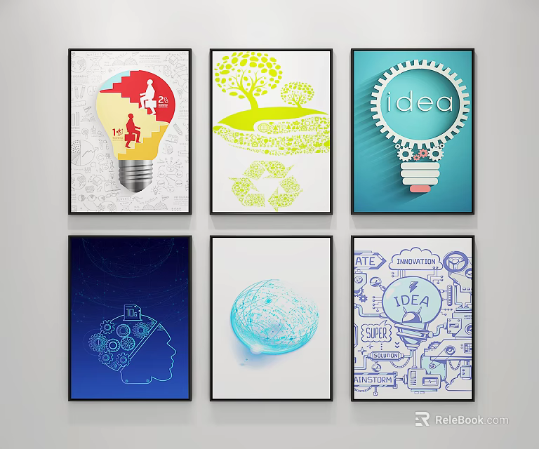 Creative Decorative Paintings Showcasing Bulb Idea And Innovation Designs 3d model