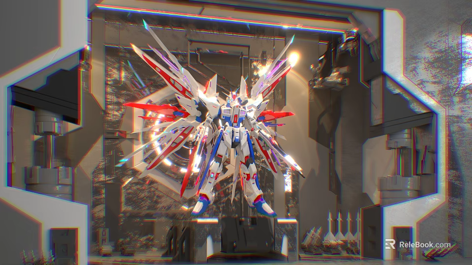 Gundam Model Display With Mechanical Wings Red White Blue Color And Exhibition Lighting 3d model 