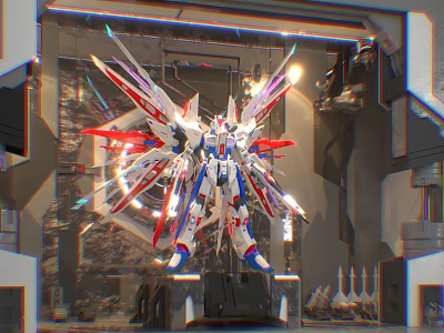 Gundam Model Display With Mechanical Wings Red White Blue Color And Exhibition Lighting 3d model