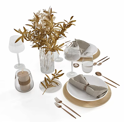 Elegant Modern Dinnerware Set With Gold Rimmed Plates Gray Napkins And Glassware 3d model