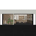 Traditional Chinese Tea House Interior With Wooden Decor Display Shelves Tables Chairs And Green Plants