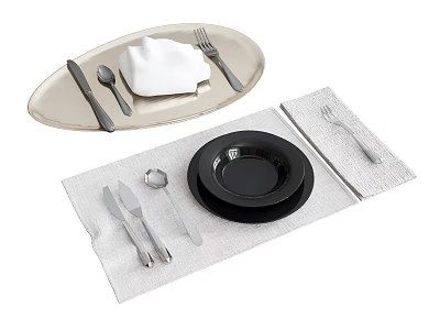 Elegant Dinnerware Set With Oval Tray Black Plate Cutlery And Linen Placemat 3d model
