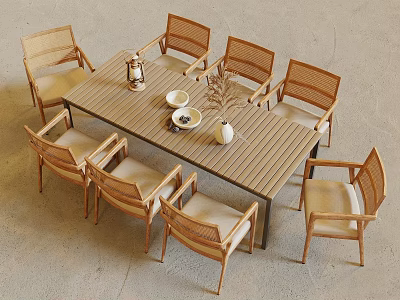 Modern Wooden Dining Table Set With Rattan Chairs And Decorative Vase Bowls 3d model