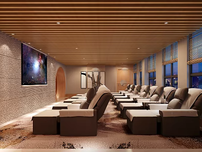 Elegant SPA Sauna Lounge With Wooden Ceiling Large Screen TV Stone Wall And Reclining Chairs 3d model