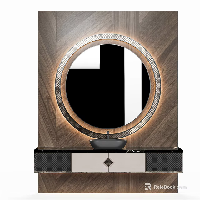 Modern Bathroom Vanity With Round LED Light Mirror And Wooden Wall Design 3d model 