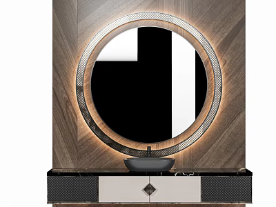 Modern Bathroom Vanity With Round LED Light Mirror And Wooden Wall Design 3d model