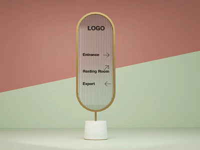 Directional Oval Shaped Signpost With Logo Arrows Entrance Meeting Room Exit And White Base 3d model