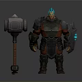 Fantasy Style 3D Man With Blue Hair Wearing Armor And Holding Large Hammer