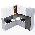 Modern Kitchen With White And Gray Cabinets Upper Lower Storage And Black Refrigerator 3d model