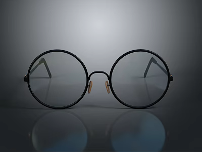 Sleek Black Round Eyeglasses With Metal Frame And Reflection On Gray Background 3d model