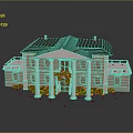 Model House With Green Roof Beige Exterior Lit Windows Porch Columns And Front Reflections