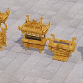 Ancient Chinese Wooden Carved Artifacts Featuring Traditional Architectural Style And Ornate Roof Designs