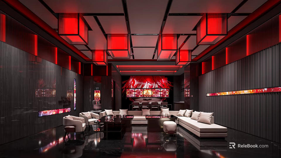 Modern Bar Interior With Red Lanterns Black Red Decor And Comfortable Sofas 3d model 