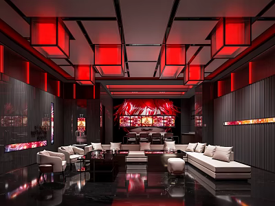 Modern Bar Interior With Red Lanterns Black Red Decor And Comfortable Sofas 3d model