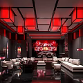 Modern Bar Interior With Red Lanterns Black Red Decor And Comfortable Sofas 3d model
