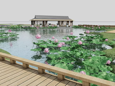 Tranquil Lotus Pond Scene With Wooden Deck Pink Flowers And Traditional Pavilion 3d model
