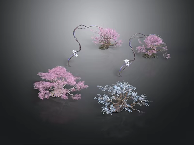 Artistic Decorative Plants With Pink And Blue Blooms And Curved Branches 3d model