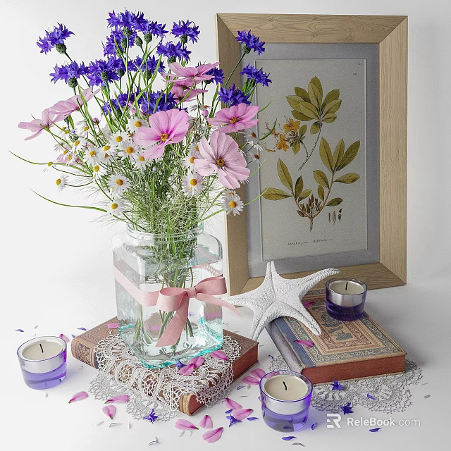 Decorative Ornament Set With Glass Vase Flower Bouquet Botanical Print Frame Starfish Candles And Books 3d model 