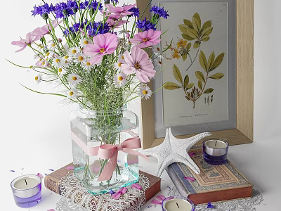 Decorative Ornament Set With Glass Vase Flower Bouquet Botanical Print Frame Starfish Candles And Books 3d model