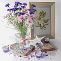 Decorative Ornament Set With Glass Vase Flower Bouquet Botanical Print Frame Starfish Candles And Books