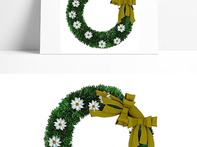 Decorative Wreath Hanging Ornament with Green Foliage White Daisies and Yellow Bow for Home Decor 3d model